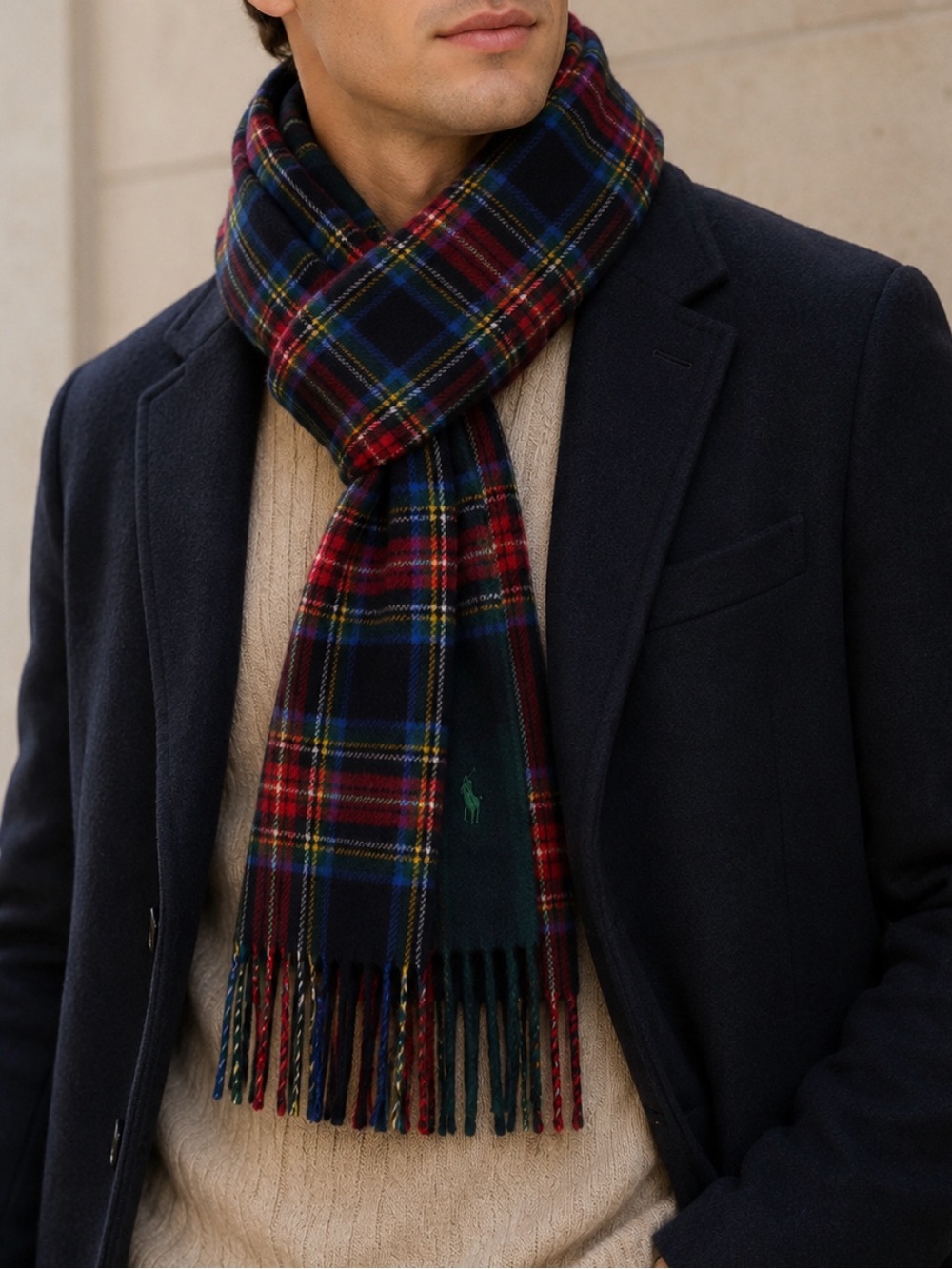 Polo Ralph Lauren Tartan Plaid Wool Reversible Scarf Made in Italy